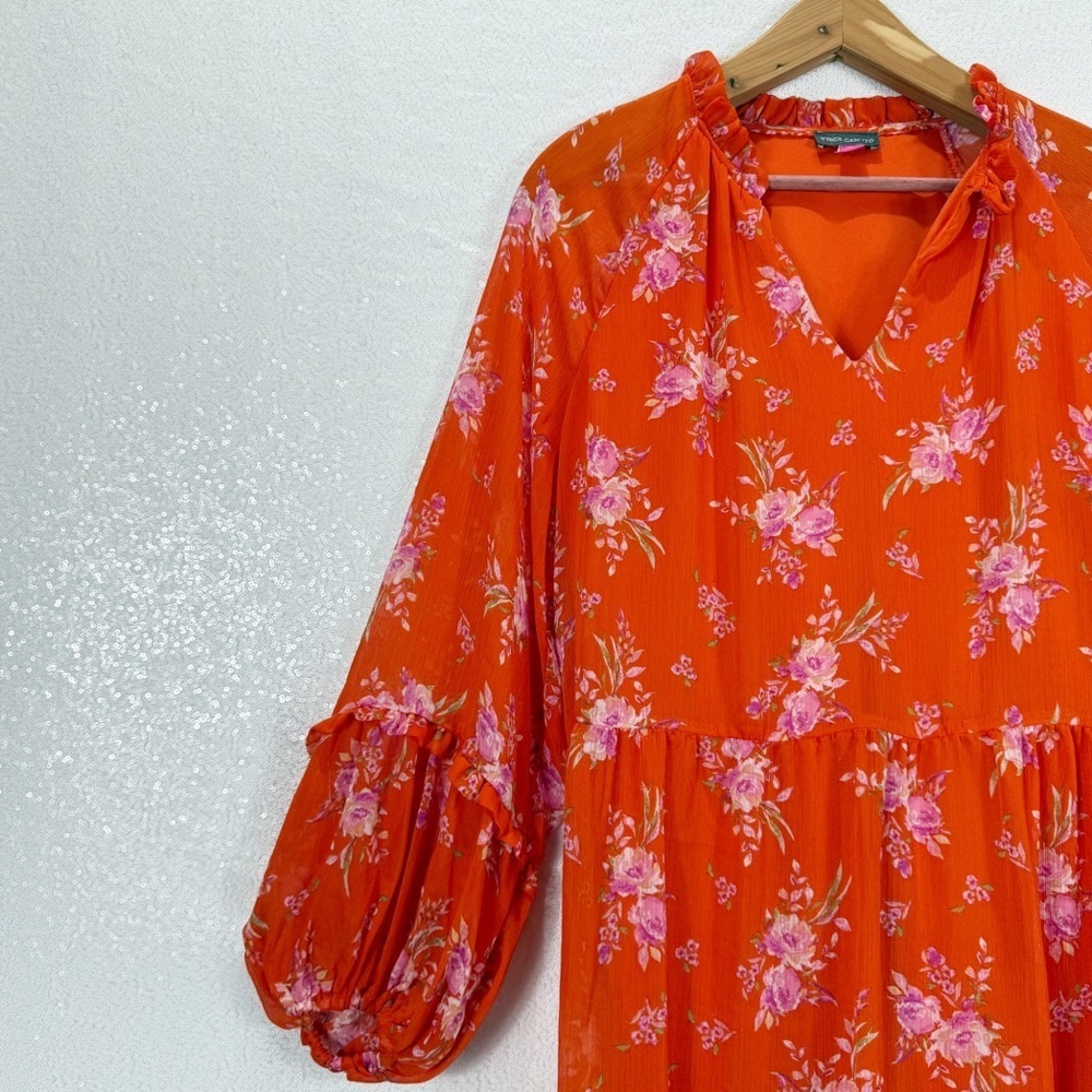 Floral Orange V-Neck Feminine Long Sleeve Midi Dress Wedding Guest Large - Picture 11 of 15